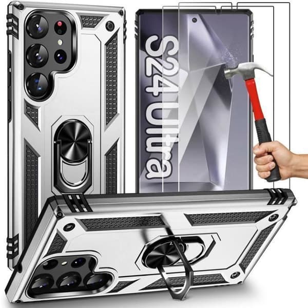 Coque - Booling - för Samsung Galaxy S24 Ultra - Silver - Stötsäker skydd - Stödring + 2 glas Silver