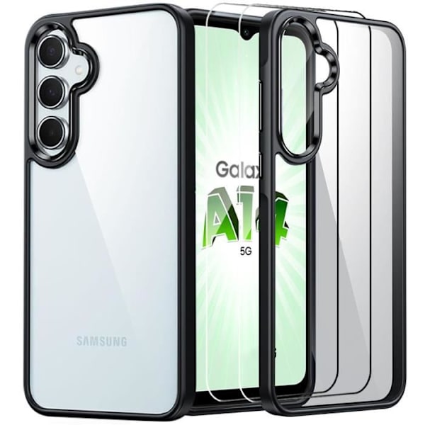 Fodral till Samsung Galaxy A14 5G-4G - Stötsäkert skydd Transparent hård rygg Svart TPU-kant + 2 härdade glasögon