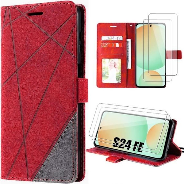 Fodral för Samsung Galaxy S24 FE (ej för S24) med 2 härdade glasögon, helsyntetläderröd