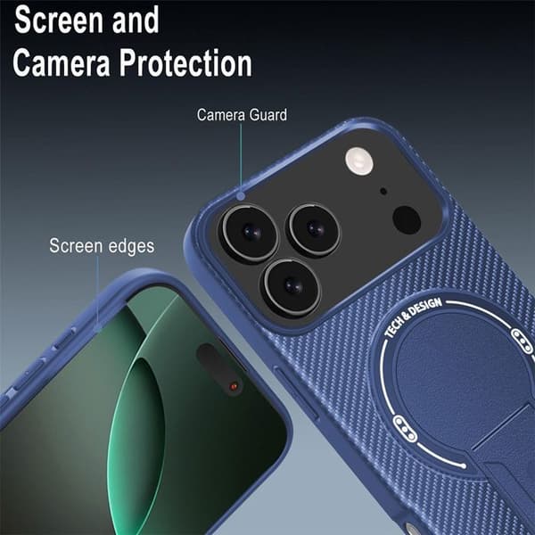 Skyddsskal - BOOLING - för iPhone 17 Pro - Kolfiber Stöd och Blå Magnetring Blå