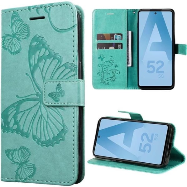 Fodral till Samsung Galaxy A52s 5G A52 4G-5G, anti-skrapa skyddande lädereffekt Grön Elegant fjärilsmönster
