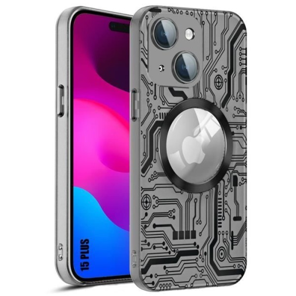 Fodral till iPhone 15 Plus - Genomskinlig stötsäker med magnetisk cirkel och bakre kameraskydd - Svart kretsmönstertryck