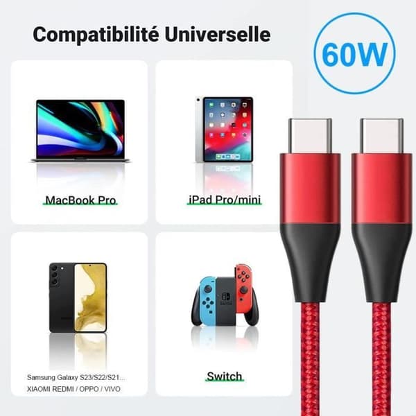 USB-C-kabel - E.F.CONNECTION - 3x 1M - Snabbladdning - Flätad Nylon - Röd Röd