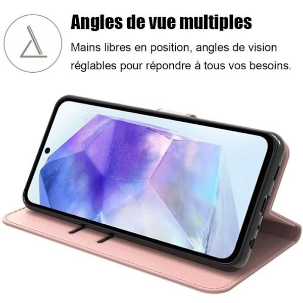 Fodral för Samsung Galaxy A55 5G, PU-läderfodral, Stötsäkert skydd med korthållare och stativfunktion, Rosa Rosa