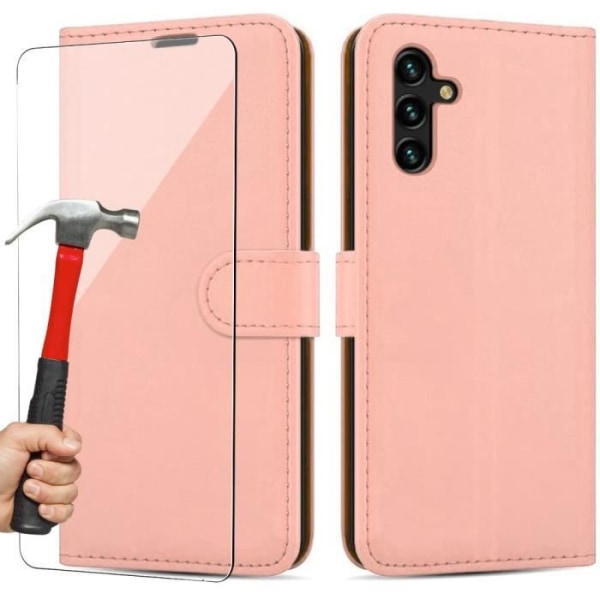 Flip Cover för Samsung A04s + 2 härdade glasögon, rosa plånbok magnetisk stängning