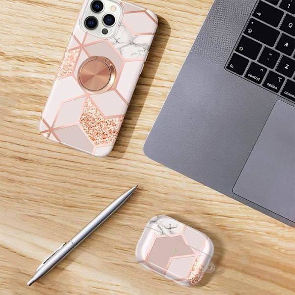 Skyddsfodral för iPhone 15 Pro Max - BOOLING - Silikon - Rosa marmor - Inbyggd fingerring Rosa