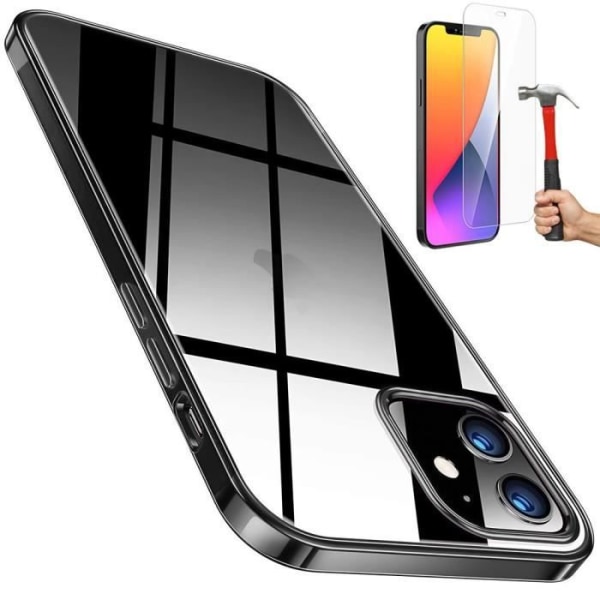 Fodral för iPhone 12 (6,1") Set med 2 härdade glasögon Chrome Edge Silikon Stöttålig Svart Svart