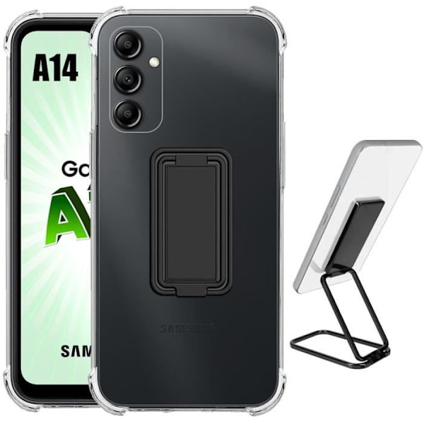 Fodral för Samsung Galaxy A14 4G-5G Stötsäkert transparent silikon med metall fällbart stativ Svart