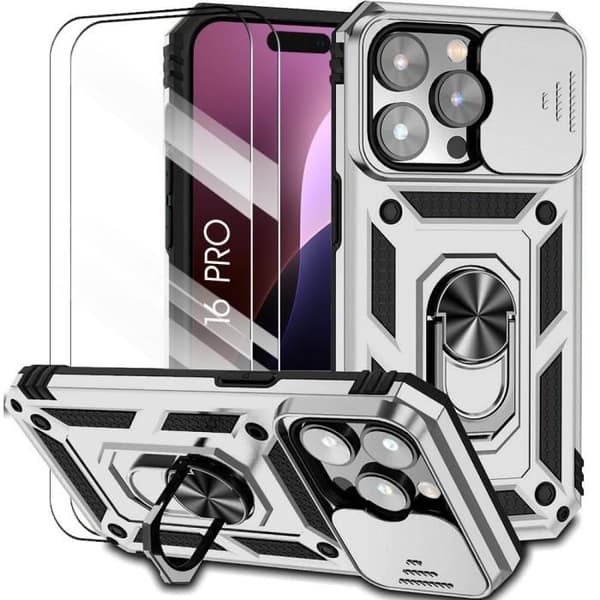 Skyddsskal - BOOLING - för iPhone 16 Pro - Hårdt Antichock - Ställ - 2 Härdade Glas Silver