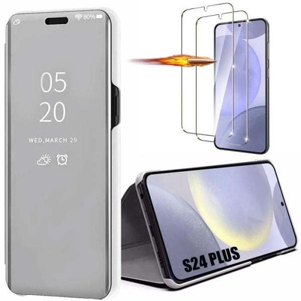 Fodral för Samsung Galaxy S24 Plus - S24+ med 2 härdade glasögon, Silver Tanlucent fönsterspegeleffektfodral