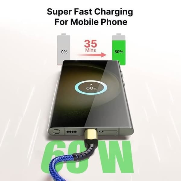 Snabb laddning USB-C till USB-C-kabel 60W för iPhone 16 16e, iPhone 16 Plus, iPhone 15 Pro, iPhone 15 Pro Max - Flätad Nylon 1M Blå Blå