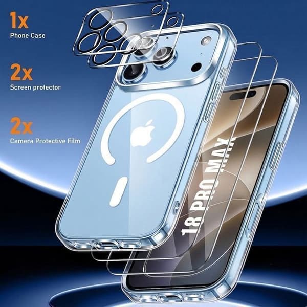 Skydd för iPhone 18 Pro Max, Stötsäker med Magnetring - 2 Härdat Glas - 2 Kameraskydd Transparent