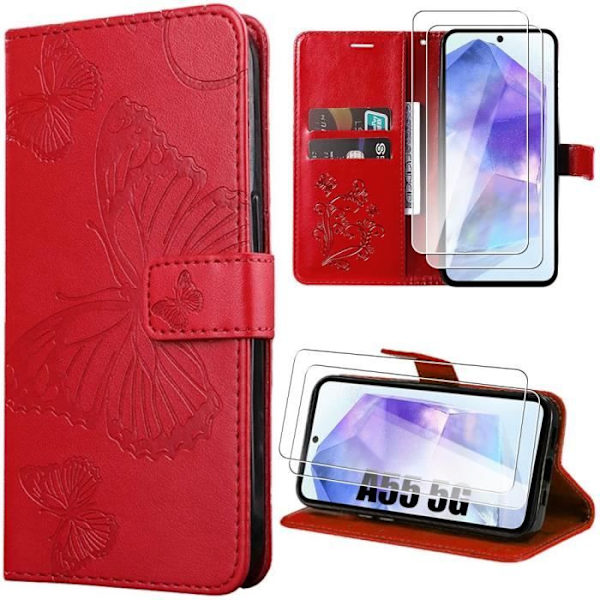 Skyddande skal - BOOLING - Samsung Galaxy A05s - Fjärilsmönster - Röd - 2 Härdade Glas Röd