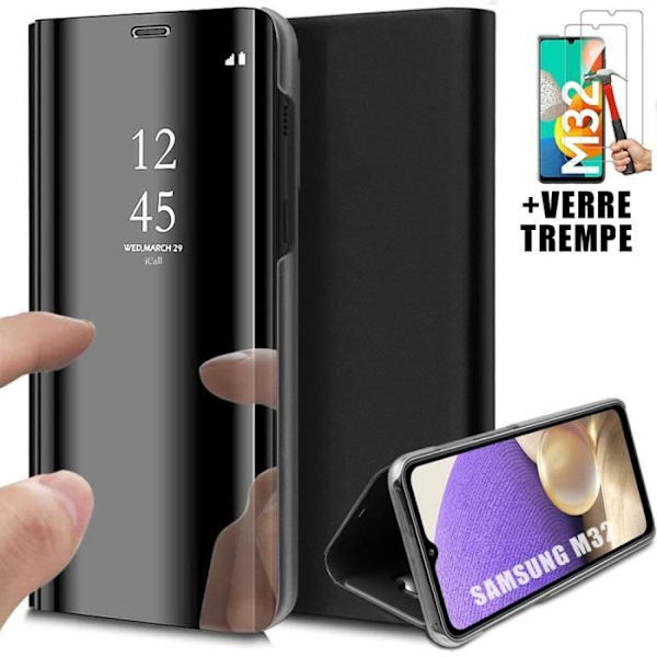 Fodral för Samsung M32 (6,4") + Pack 2 härdade glasögon. Fodral Spegeleffekt Genomskinligt fönster Förstärkt skydd Svart Svart