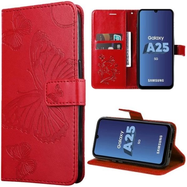 Skyddshölje - Samsung - Galaxy A25 5G - PU-läder - Stötabsorbent - Fjärilsdesign Röd