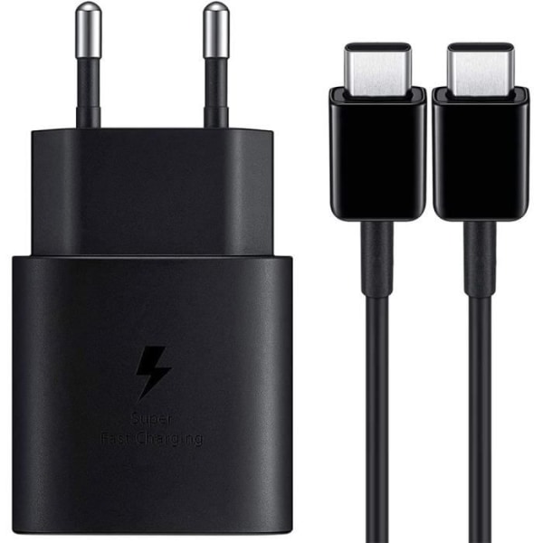 Pack Laddare 25W Vit Typ-C + Typ-C Kabel för Samsung Galaxy A15 A16 A13 A04s A22 A33 A52 A52s A53 A55 A56 - Svart Svart