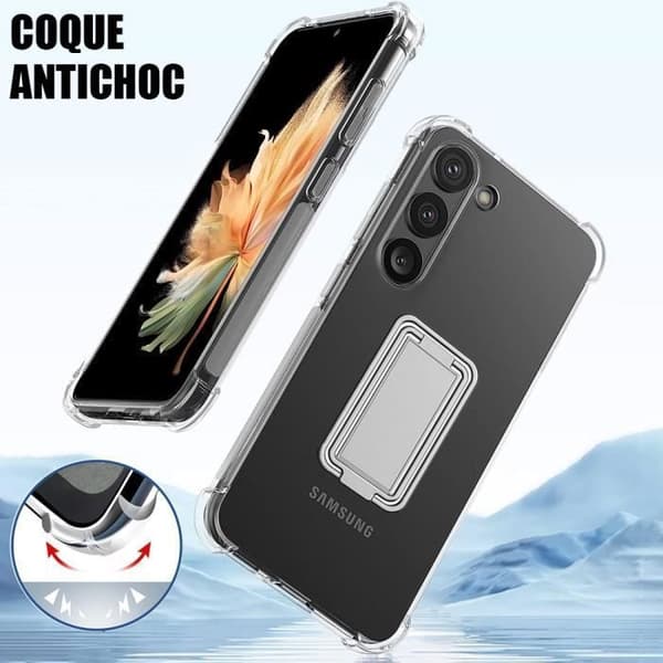 Skyddsfodral - BOOLING - för Samsung Galaxy A53 5G - Stötabsorberande silikon - Transparent - Fällbart stativ transparent-silver