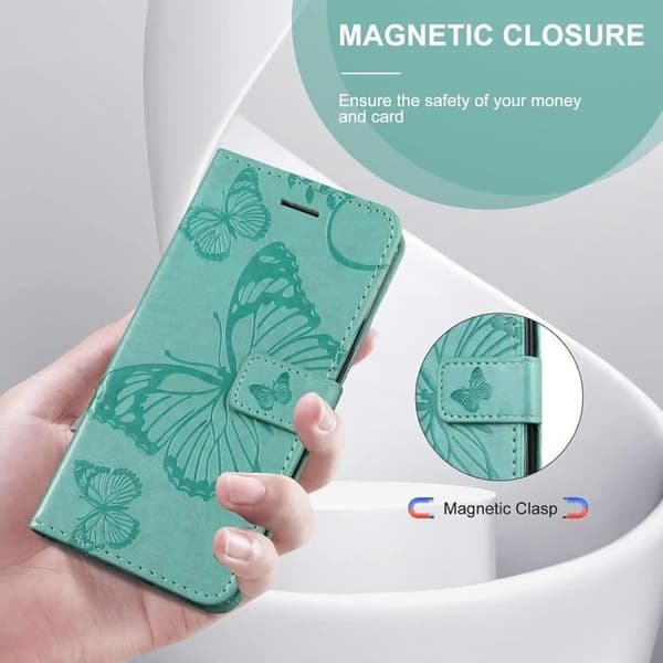 Coque - Booling - för Samsung Galaxy S23 FE - Skyltskydd - Fjärilsdesign - Grön lädereffekt Grön