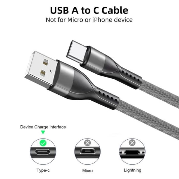 Förpackning med 3 Snabb USB-C Kabel 3A för Xiaomi Redmi Note 14 Pro 13 Pro, Note 13 5G, Redmi 13C 14C - 1 Meter Grå Nylon Tunn Flätad Grå