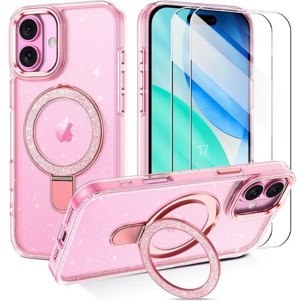 Skyddsskal - BOOLING - för iPhone 17 - Stötsäker PC Silikon Magnetisk Ring Rosa - 2 Skyddsglas Rosa