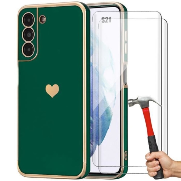 Etui til Samsung Galaxy S21 - Midnight Green Heart Pattern + 2 stødsikre anti-ridse hærdede briller