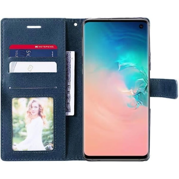 Flip-fodral för Samsung Galaxy S10, marinblått syntetiskt läderskydd och 2 härdade glasögon marinblå