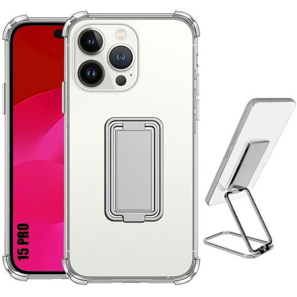 Fodral för iPhone 15 Pro, stötsäker transparent silikon med justerbart silvermetallstöd