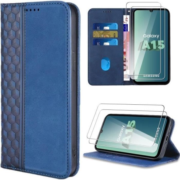 Skyddsskal - Samsung - Galaxy A15 - Syntetläder - Stötsäker - 2 härdade glas marinblå