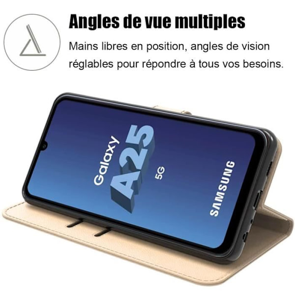 Coque för Samsung Galaxy A25 5G - BOOLING - Stöttålig i Gyllene Syntetiskt Läder - Kortficka och Stöd med 2 Härdat Glas gyllene
