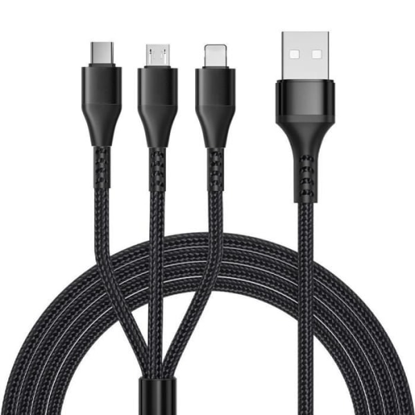 3 i 1 laddningskabel, USB-C Micro-USB för iPhone, Samsung, Xiaomi Redmi - Nylonflätad 1,2 meter svart