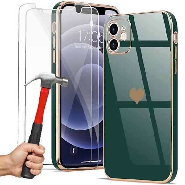 Fodral för iPhone 12 (6,1") Midnight Green Pack 2 Hjärtmönster i härdat glas Anti-repa Galvaniserat Guld Mjuk TPU Lyx Midnattsgrönt