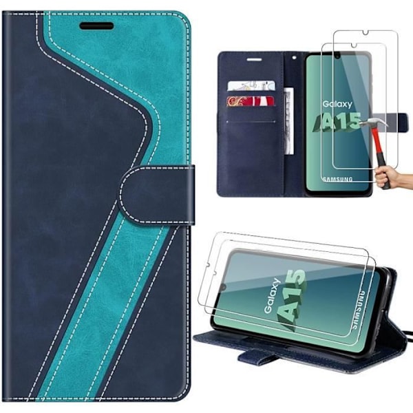 Fodral för Samsung Galaxy A15 5G-4G, blå, lädereffekt, stiliserat mönster + 2 härdade glasögon