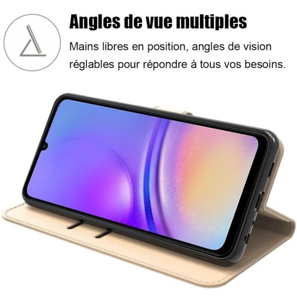 Fodral för Samsung Galaxy A05, guld PU-läder med kortplatser och stativfunktion + 2 härdade glasögon (ej för A05s) gyllene