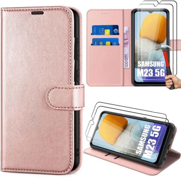 Samsung Galaxy M23 5G Fodral + 2 härdade glasögon - Anti-Scratch PU Läder Flip Fodral - Rosa