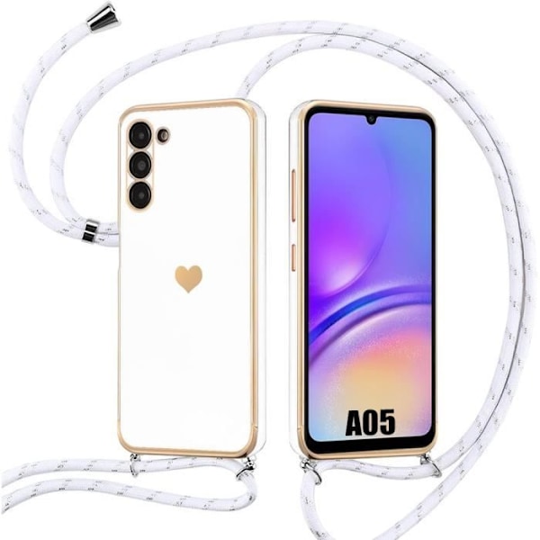 Fodral för Samsung Galaxy A05 (ej för A05s), Crossbody-fodral i flytande silikon med hjärtmönster, stötsäkert skydd - vit