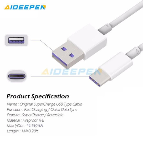 1 meter snabbladdning USB C-kabelladdning 5A för Huawei P20 P10 P9 Plus Mate 9Pro P30