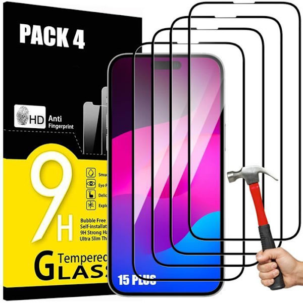 4 helt härdat glas för iPhone 15 Plus 9H Stötsäkert skärmskydd Transparent med svart kant