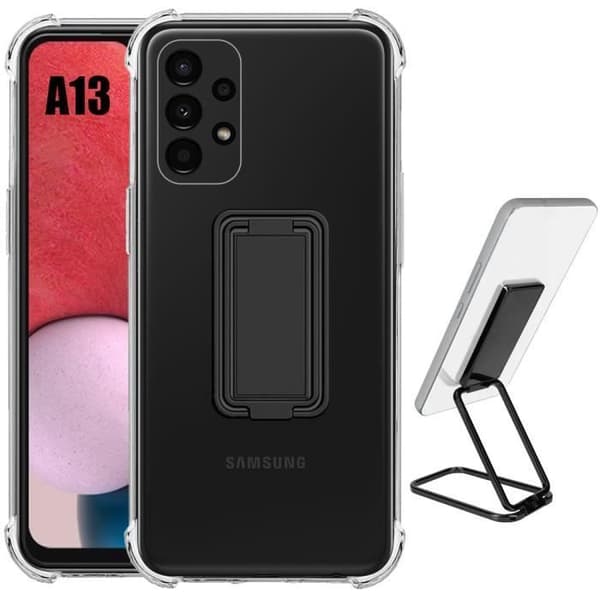 Coque för Samsung Galaxy A13 4G-5G - BOOLING - Transparent silikon - Svart fällbart stöd Transparent