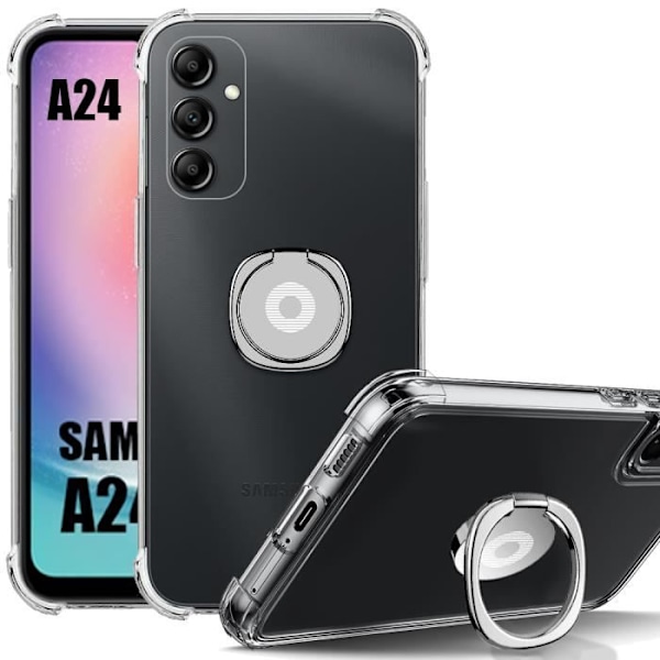 Fodral till Samsung Galaxy A24 Stötsäkert Transparent Silikonskydd med Silver Ring Support transparent-silver