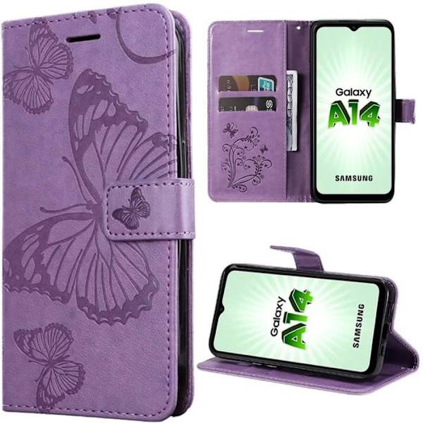 Skyddsfodral - Samsung - Galaxy A14 4G-5G - Fjärilsmönster - Lila syntetläder - Semi-styv Lila