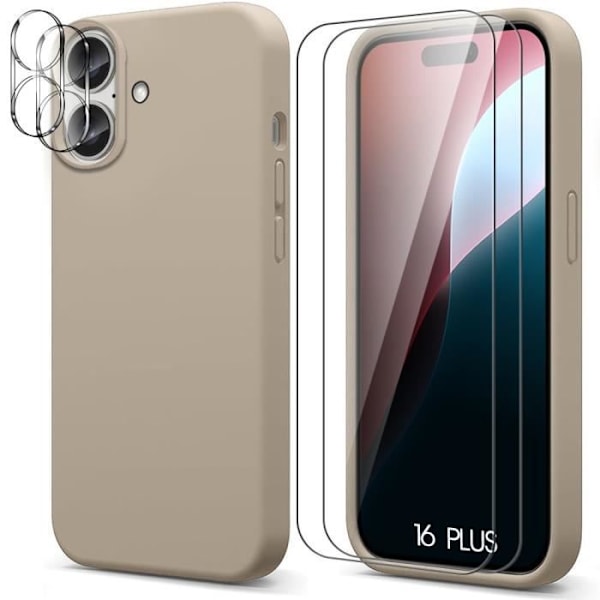 Cover til iPhone 16 Plus - Beige TPU-beskyttelse + 2 hærdede briller og 2 bagkamerabeskyttelse Beige