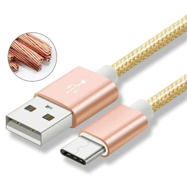 USB Type C-kabel - APRILLY - 2 m - Flätad Nylon - Snabbladdning och Synkronisering - Guld Guld