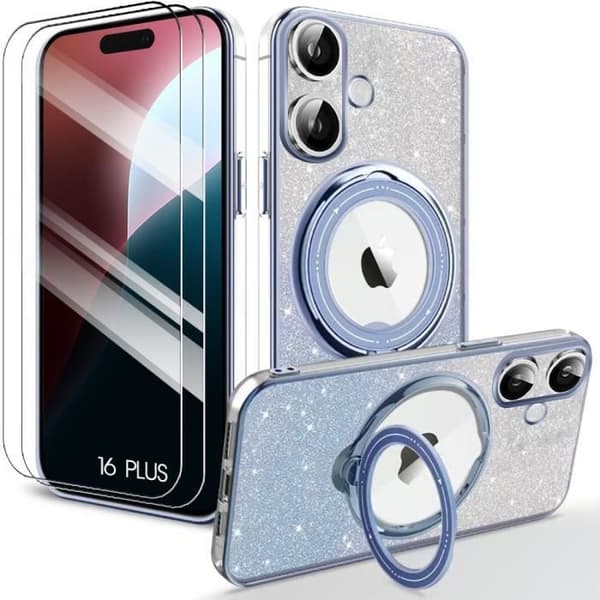 Skyddsskal - BOOLING - för iPhone 16 Plus - Repvänlig silikon - Rotatable ställning - Blå Blå