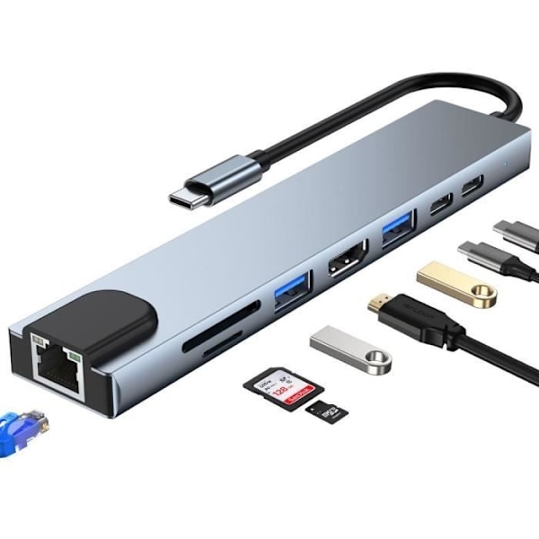 Hub-adapter - BOOLING - 8 i 1 - USB-C till HDMI 4K - PD 87W - SD/TF-läsare