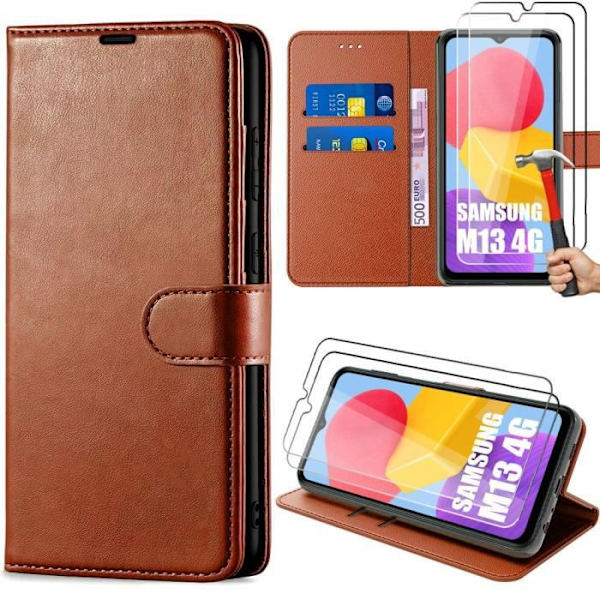 Fodral + 2 härdade glasögon för Samsung Galaxy M13, elegant fodral i lädereffekt - brun