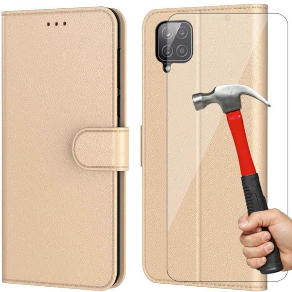 Set med 2 härdade glasögon och fodral för Samsung A12 (6,5") Guld 360 graders skydd Lädereffekt Enfärgad färg gyllene