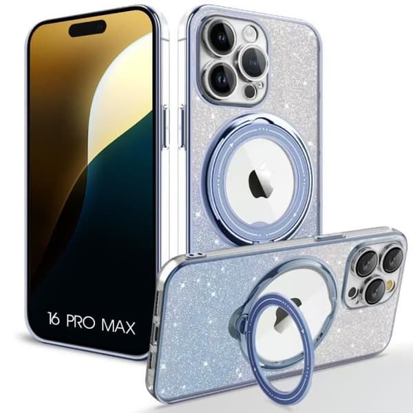 Skyddsskal - Glittrande skydd - för iPhone 16 Pro Max - Flexibelt - Rotationsstöd - Silikon Blå