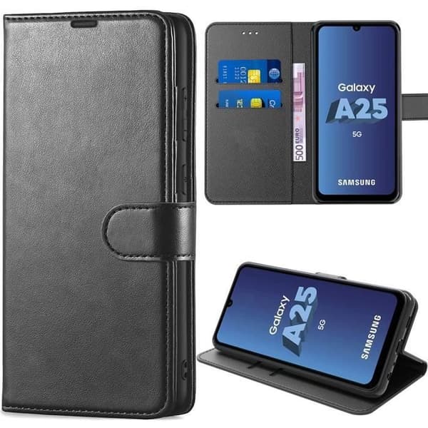 Skyddsskal - Booling - för Samsung Galaxy A25 5G - Stötsäker - PU-läder - Justerbart stativ Svart