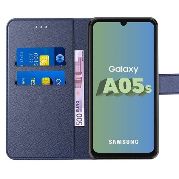 Coque + 2 Glas som är Dämpade för Samsung Galaxy A05s - PU Läder Skydd - Kortfack - Mörkblå marinblå