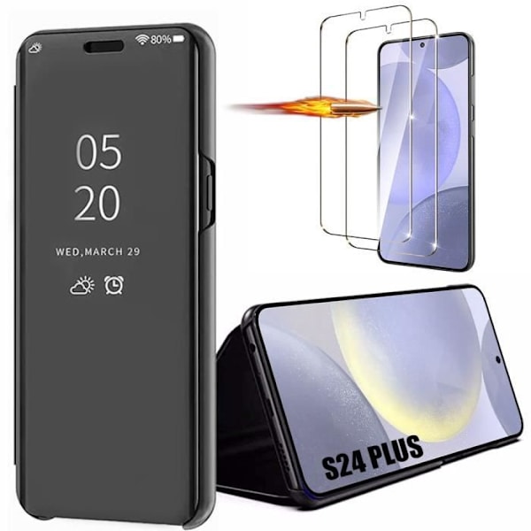 Fodral + 2 härdade glasögon för Samsung Galaxy S24 Plus - S24+, svart fodral med spegeleffekt Anti-repor